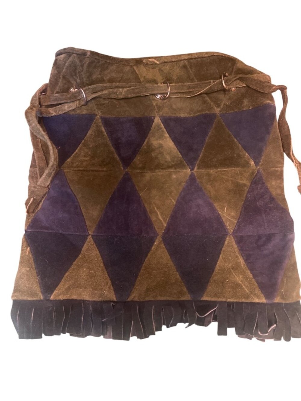 70's Vintage Suede Shoulder Bag Fringe & Drawstring Closure Green Blue Diamond - Picture 1 of 6